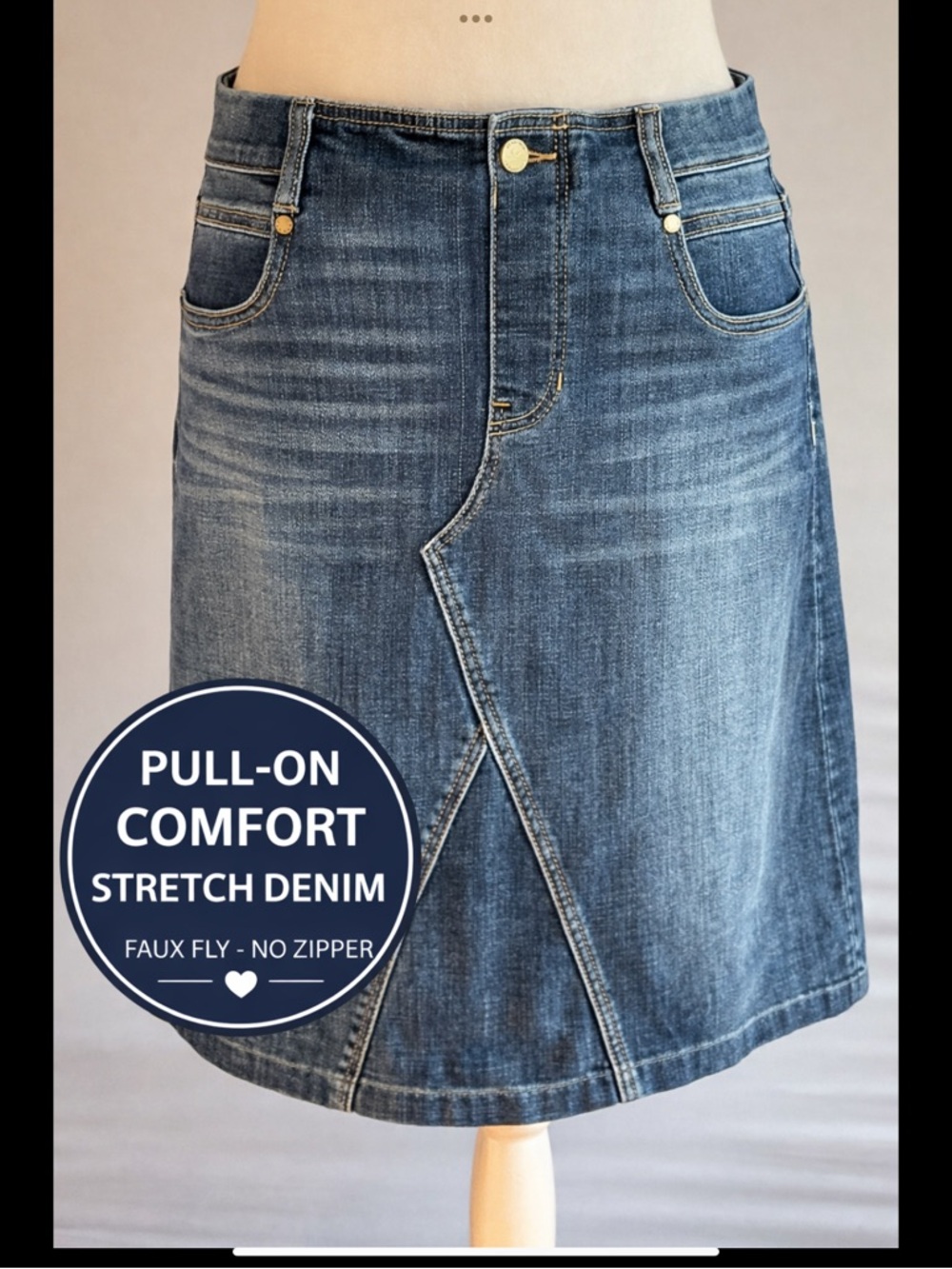 Pull On Stretch Denim Skirt Dark Wash Faux Fly Comfort Liverpool Los Angele Sz 4